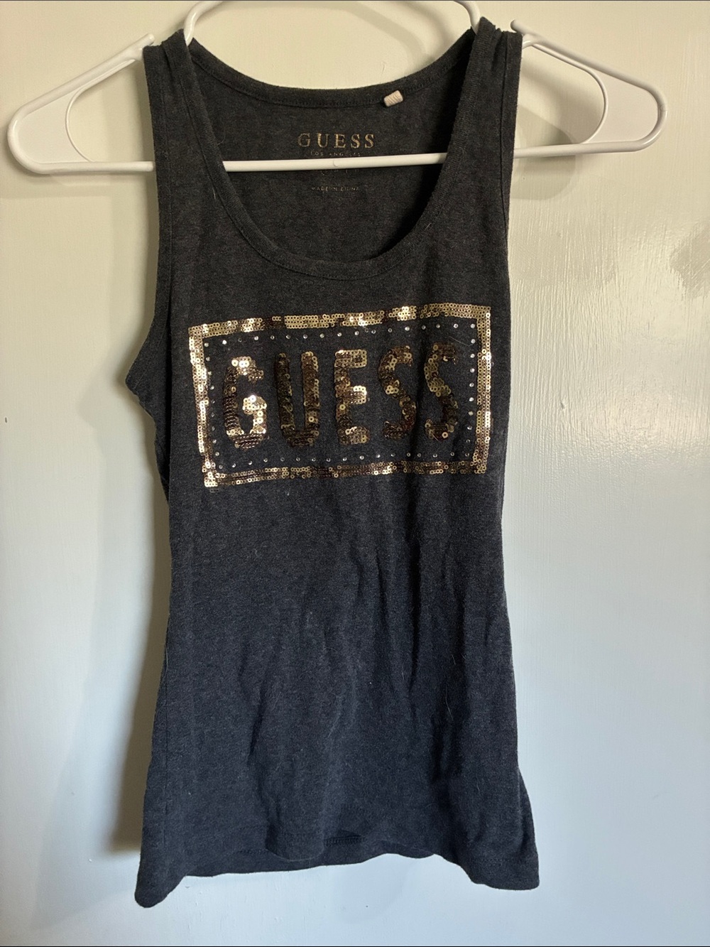 GUESS Black Tank Top with Gold Sequin Logo